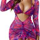 3 Piece Swimsuits Women Bikini Sets Triangle Halter Bathing Suit with Sexy Mesh Beach Cover Up (Large, Purple Colorful)
