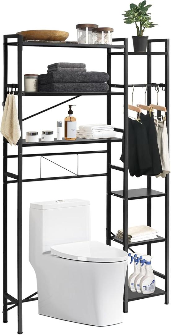Over The Toilet Storage, 7 Tier Over Toilet Bathroom Organizer with Adjustable Shelf, Stable Toilet Shelf with 4 Hooks, 2 Suction Cups, Freestanding Toilet Storage Rack for Bathroom Laundry Restroom