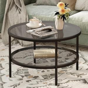 Yusong Round Glass Coffee Tables for Living Room, 2-Tier Circle Coffee Table with Storage, 26" Modern Center Accent Table with Light Black Glass, Small End Table for Small Space, Bedroom