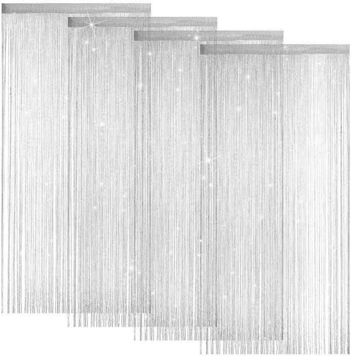 4 Pieces Glitter String Curtains Doorway Beads Curtains, 39 x 79 Inch Hanging Fringe Hippie Room Divider Door String Curtain Boho Doors Tassel for Doorways, Windows, Closet, Privacy Decor (Silver)
