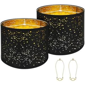 Large Lamp shades Set of 2 Starlight Light Effect Drum Lamp shades 15" Top x 15" Bottom x 12" High,Spider Fitter, Come with 10" Gold Lamp shade holder set of 2 Easy Assembly Required Black
