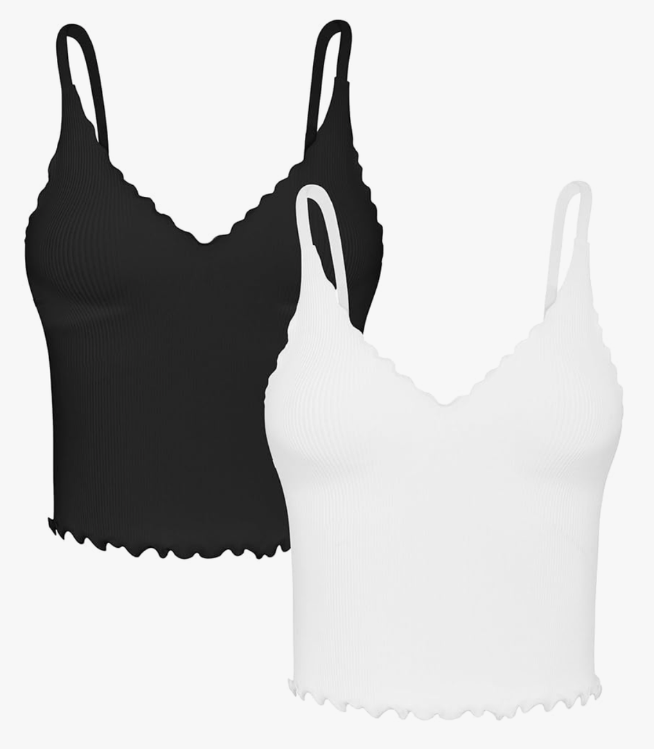 Sunzel Tank Top for Women, V Neck Seamless Ribbed Crop Camisole with Ruffles M/L