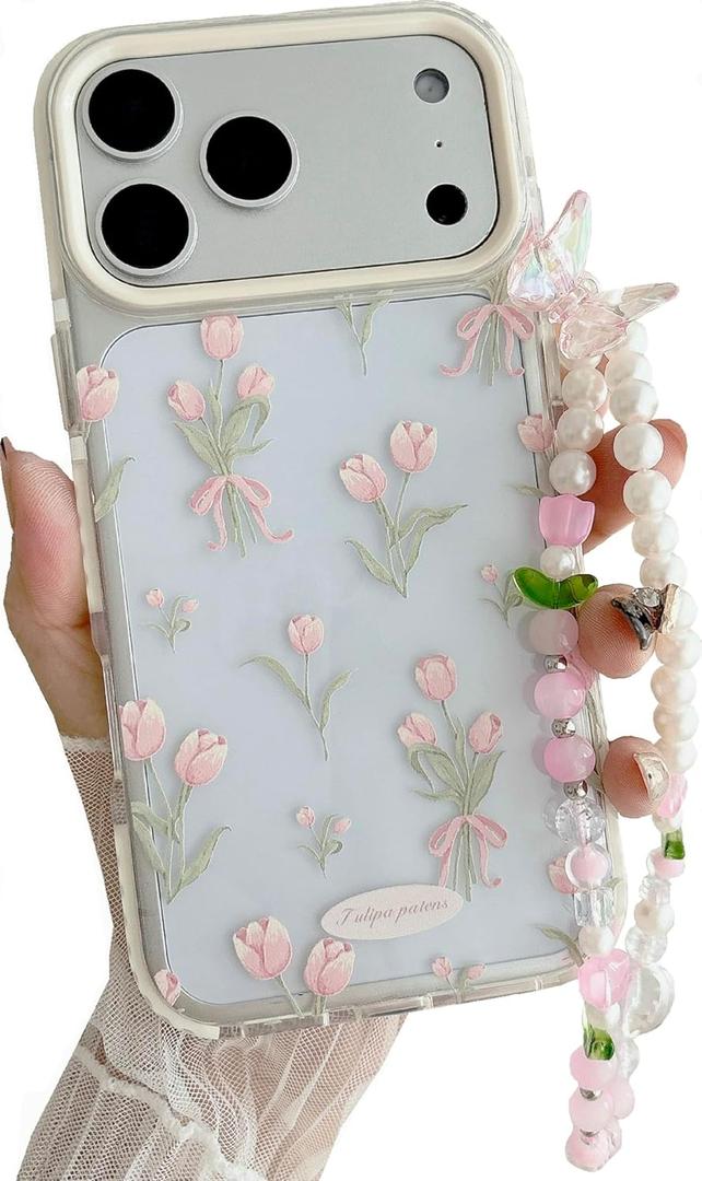 JANDM for iPhone 17 Pro Max Case with Flowers Strap, Clear Pink Tulip Floral Pattern with Cute Pearl Leaf Charm Wrist Keychain, Soft Women Girls Shockproof Protective Cover