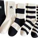 Verdusa Women's 5 Pairs Striped Crew Socks Casual Athletic Socks (39, Black and White)