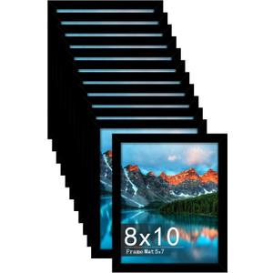Picrit 8x10 Picture Frame Set of 12, Display 5x7 with Mat or 8x10 Without Mat, Photo Frames for Wall Mounting or Table Top Display, Black.