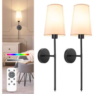 NIORSUN Black Battery Operated Wall Sconce Set of 2,Rechargeable Wall Lights with 5200mAh Dimmable Detachable Bulbs and Remote,9 Colors Wireless Sconces for Bedroom Living Room Hallway (27 inch, Black)
