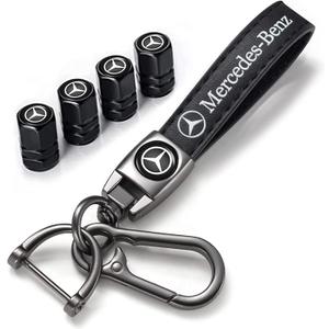 for Mercedes Benz Keyring, 4PCS Valve Stem Caps and Car Keychain Combo Compatible with Mercedes Benz C E S M Serie CLK GLK GL AB AMG GLS GLE AMG, Black