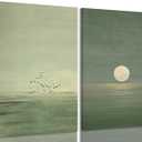 2Pcs Japanese Sage Green Canvas Wall Art Minimalist Moon and Bird Wall Decor Pictures Japanese Landscape Posters Prints for Living Room Bedroom Office Zen Home Decoration 16X24in Ready to Hang