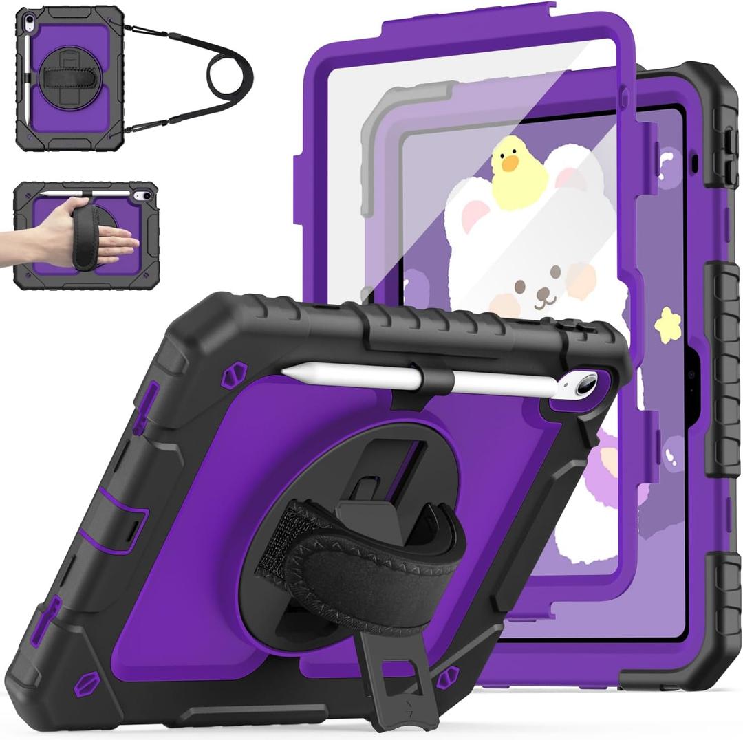Cantis Case for iPad 11-inch (A16) 2025/ iPad 10th Generation 2022 (10.9 inch) with Screen Protector, 11th Case with 360 Degree Rotating Stand/Shoulder Strap/Pencil Holder, Black+Dark Purple