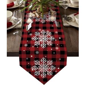 Z&L Home Christmas Linen Burlap Table Runner Dresser Scarves,Winter Snowflake Table Runners for Dinner Holiday Party, Wedding, Kitchen Dining Decor Red and Black Buffalo Checker Plaid 13x70in