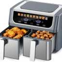 DUMOS 10-in-1 Air Fryer 9.5 QT, Large Airfryer with with 2 Independent Frying Baskets, Sync Finish & Match Cook, Shake Reminder, Wide Temperature 80-450F, Roast Bake Defrost Dehydrate, Grey, 16" x 14" x 11.5"