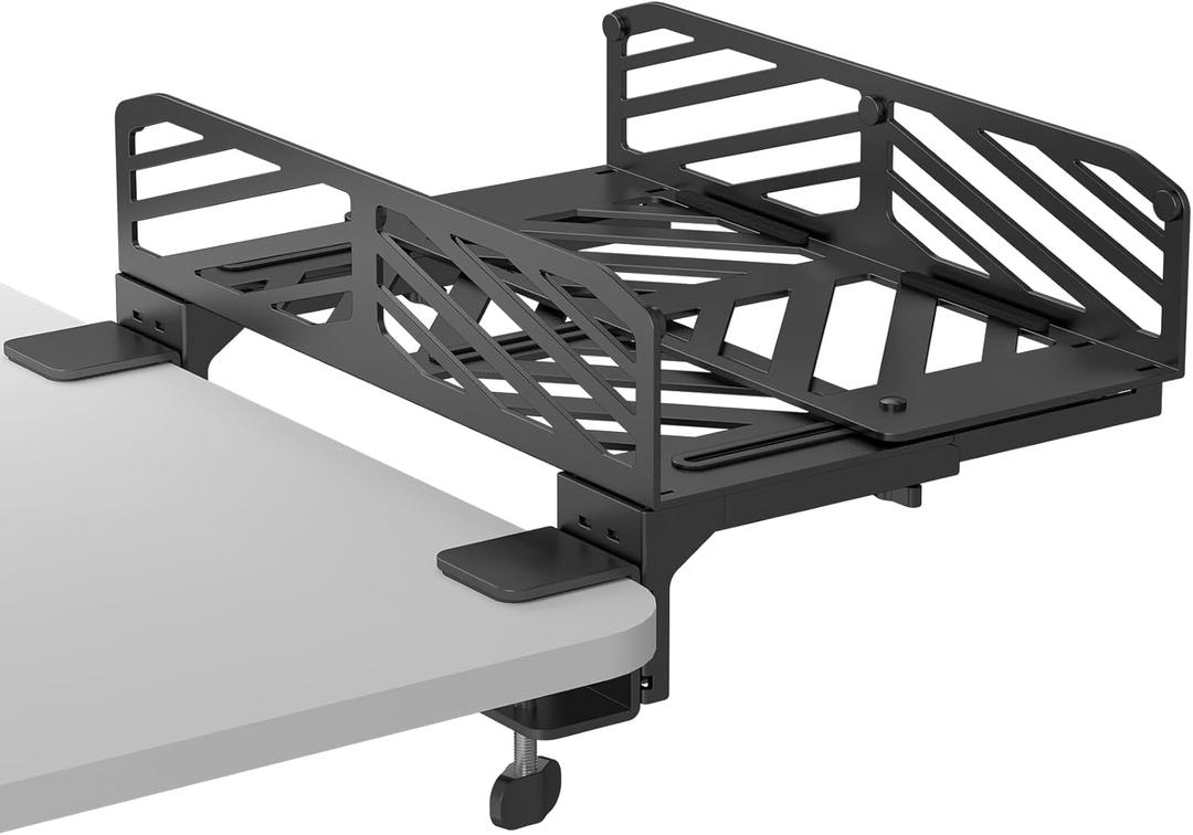 Suptek Clamp-on Desk Extender PC Desk Mount Holder,Standard and Large Gaming Computer Case Stand, Adjustable Width PC Mount, Black