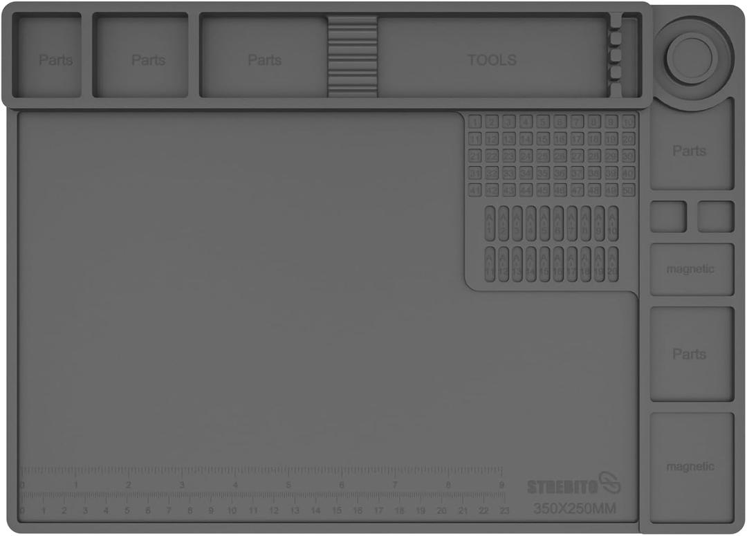 STREBITO Heat Resistant Silicone Soldering Mat up to 932F, Silicone Work Mat Soldering Pad for Electronics Repair, Magnetic Mat for Watch, Phone, Tablet, Eyeglass, Knife, Size 13.8"x9.9" (Grey)