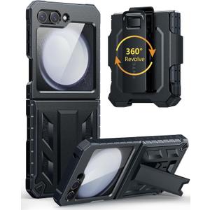 FNTCASE for Samsung Galaxy Z-Flip5 Case: Military Grade Drop Protection Shockproof Cell Phone Cover with Belt Clip Holster & Kickstand | Protective Full-Body Rugged Case for Z Flip 5, 2023 - Black