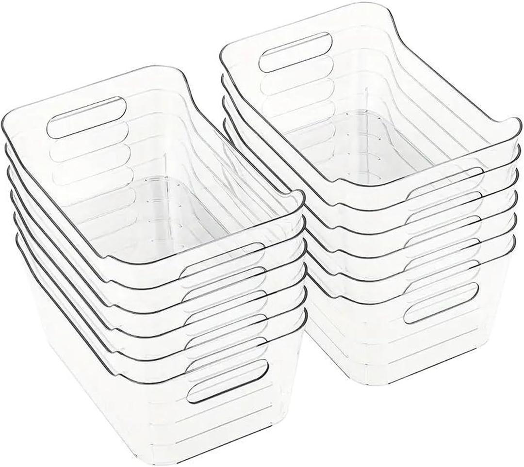 Clear Storage Bins 12 Pack, BPA Free PET Pantry Organizers with Handles, Freezer & Fridge Safe Narrow Plastic Storage Containers for Kitchen, Cabinet & Bathroom (3.1 x 7.9 x 5.5)