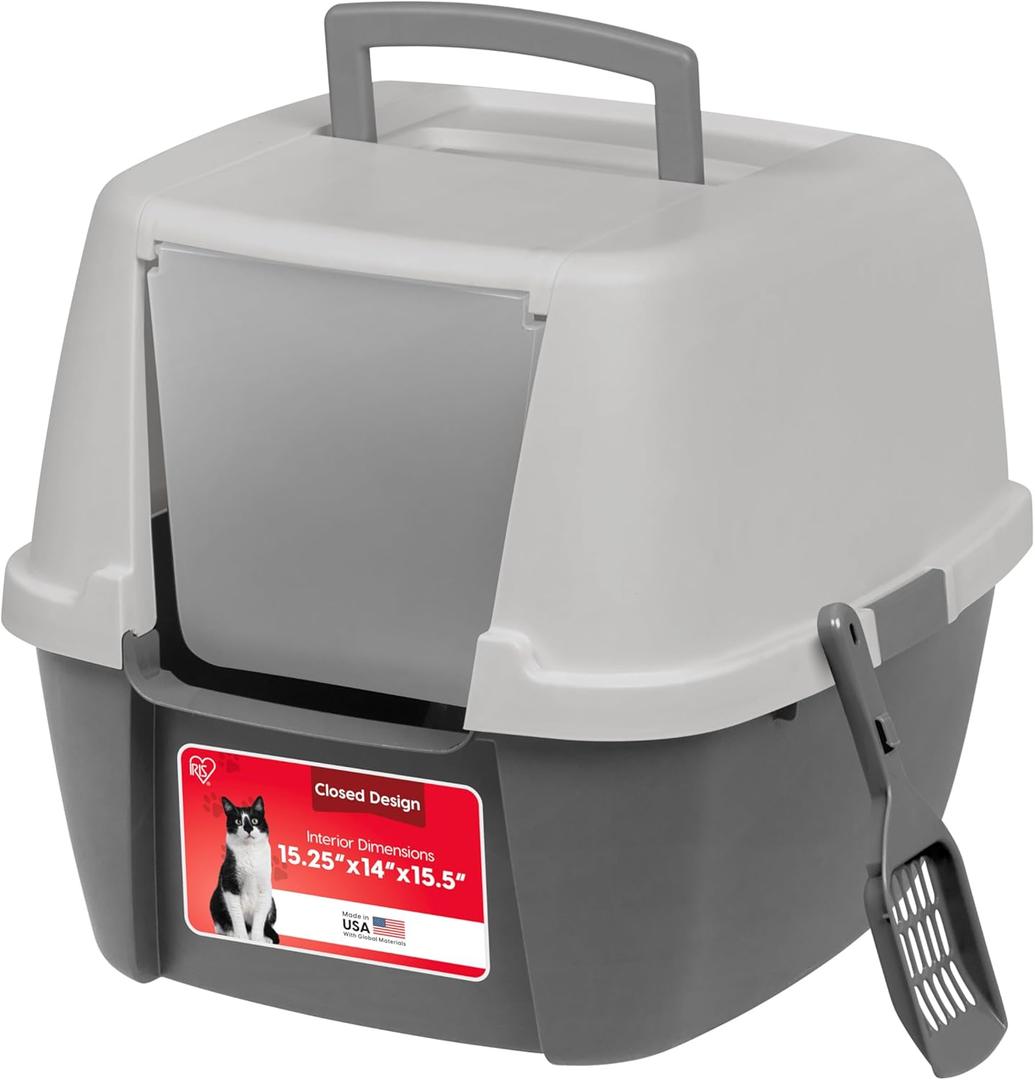 IRIS USA Cat Litter Box Large with Front Door Flap, Covered Enclosed Litter Box Enclosure with Scoop, Handle & Buckles for Portability & Privacy, Hidden Litter Pan, Gray