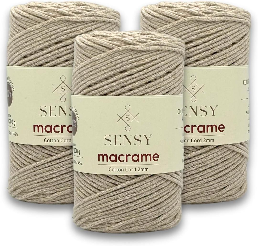 3 Skeins of Sensy Premium 2mm - 160 Yards 100% Recycled Cotton Macrame Cord Crochet Bag Cord Macrame Rope Crochet Thread (Latte)