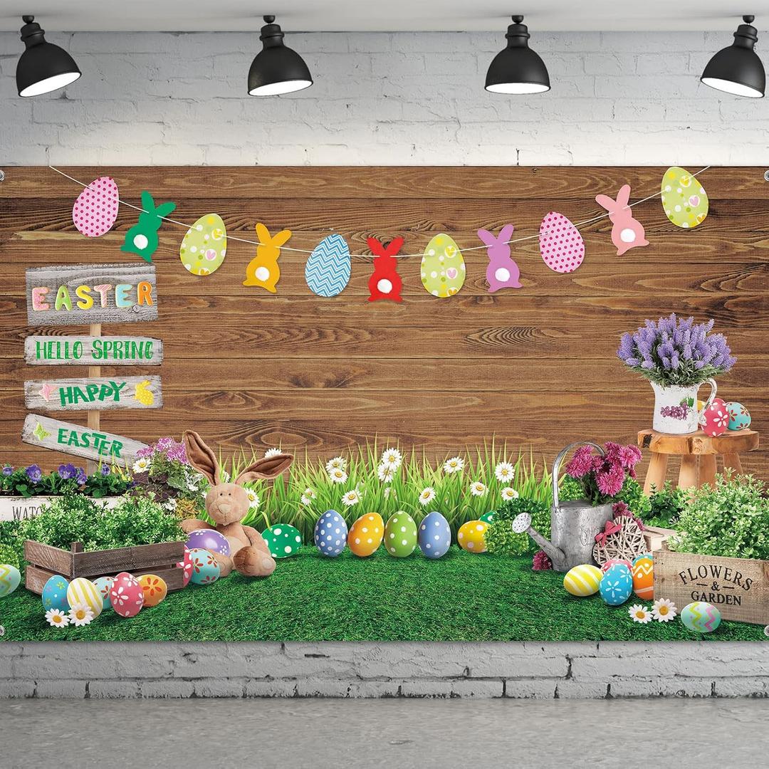Tatuo Spring Easter Photograhy Background Bunny Colorful Egg Rabbit Floral Grass Wooden Wall Garden Backdrop Happy Easter Banner for Spring Party Photo Booth Props Supplies Decorations(Flower Style)