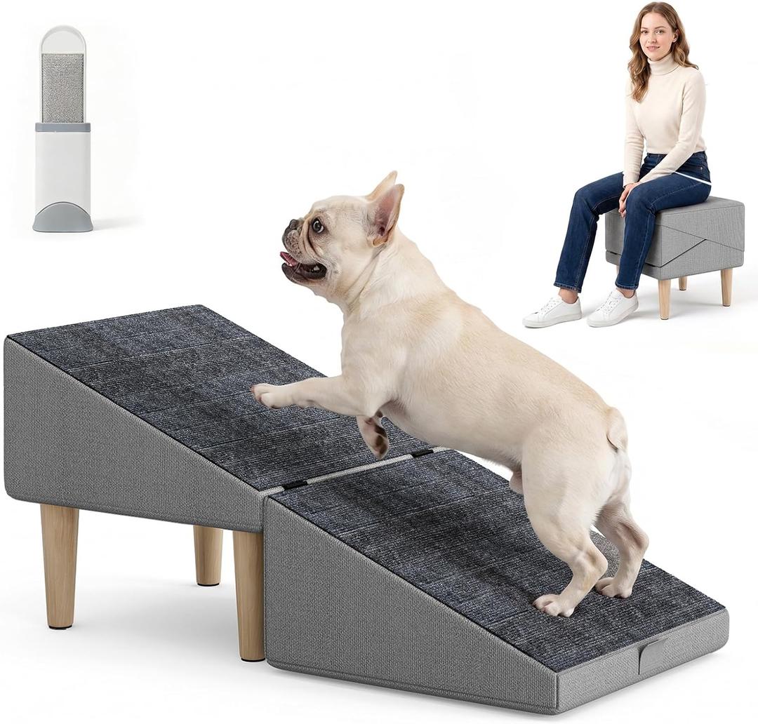 2-in-1 Folding Dog Ramp & Stairs for Small Dogs and Cats Split Ottoman for Couch/Bed, with Removable Washable Anti-Slip Mat & Cleaning Brush, Light Grey