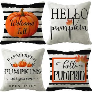 Fall Pumpkin Pillow Cover 18x18 Fall Decor Cushion Cover Autumn Stripe Throw Pillow Cover Thanksgiving Farmhouse Decorative Cushion Cases 18x18 Set of 4 (Dark Tones)