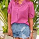 PRETTYGARDEN Women's 2026 Summer Button Down Shirts Short Lantern Sleeve V Neck Cotton Cute Tops Dressy Casual Blouses (M)