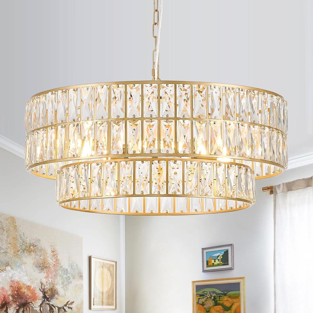 24'' Modern Crystal Chandelier 8-Lights Luxury Gold Semi Flush Mount Ceiling Light Fixtures Round Crystal Pendant Chandelier for Living Room Dining Room Foyer Bedroom Kitchen