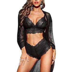 RSLOVE Women Sexy Lingerie Set 3 Piece Lace Kimono Robe with Bra and Panty Sheer Sleepwear size XL