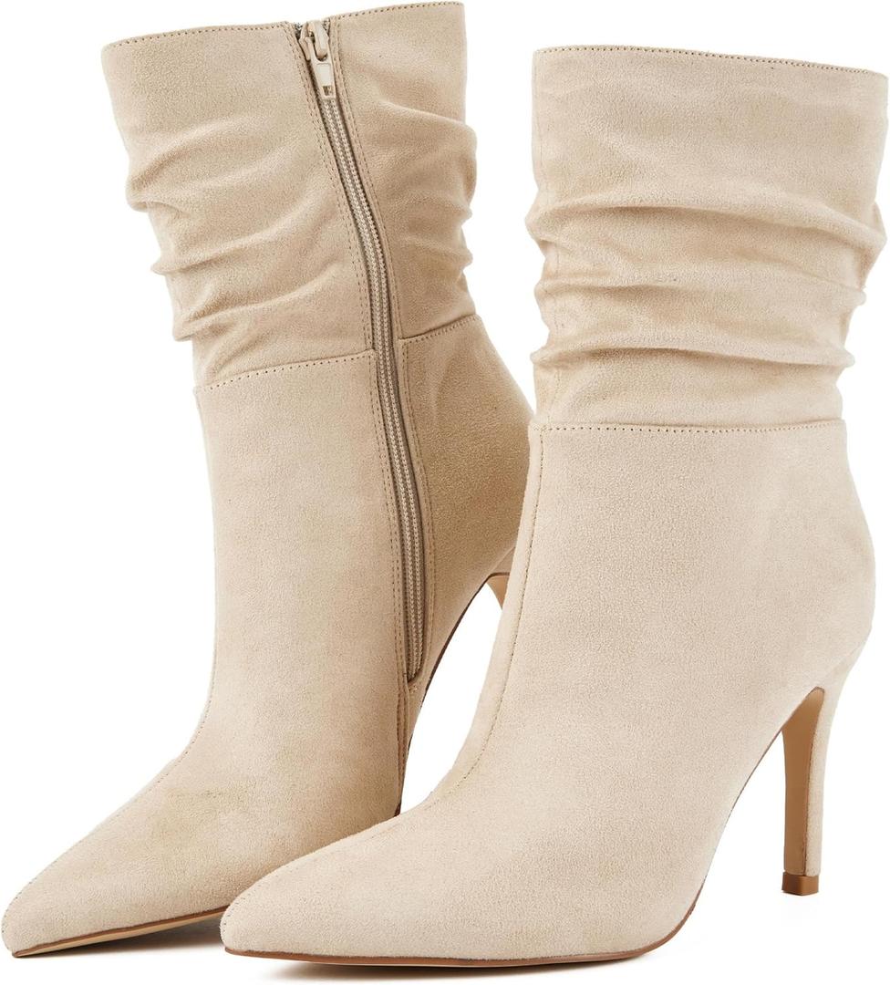 Putu Women's Stiletto High Heel Boots Slouchy Ankle Boots Sexy Dress Boots (8.5, Beige)