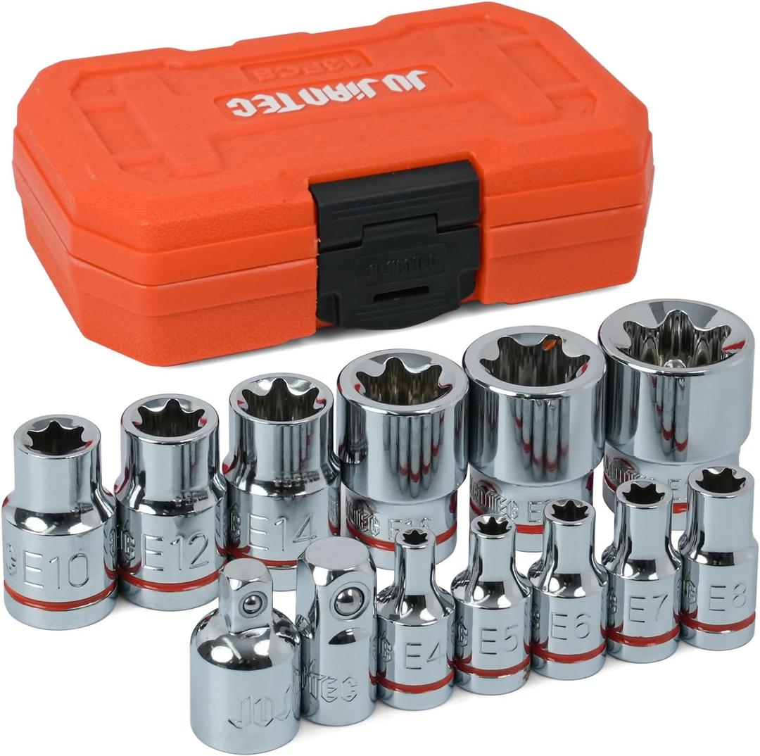 13-Piece E-Torx Socket Set with 6-Point Star Design - E4 to E20 Sizes, 1/4 & 3/8 Drive, Hardened CR-V Steel, Impact Wrench Compatible, Sturdy Molded Case