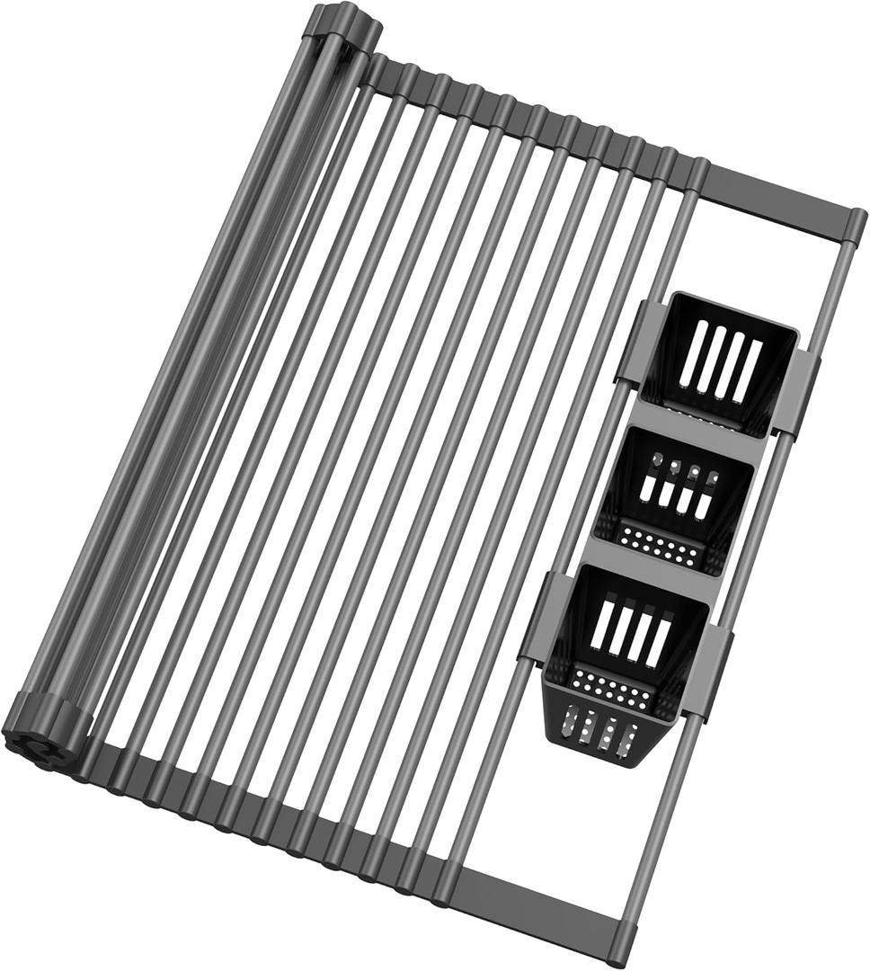 Roll Up Dish Drying Rack, Silicone Wrapped Over The Sink Multipurpose Foldable Dish Drainer Anti-Slip Dish Racks for Kitchen Counter, Sink Drying Rack Cover with Utensil Holder (Black, 17.3" x 17.6")