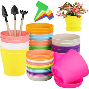Hahood 20 Pack Plastic Planters 4 Inch Plant Flower Pot with Trays, Seedlings Nursery Pots Planter Flower Container Seed Pots for Seedling, Transplanting, Cutting, Assorted 10 Colors (Multicolor)