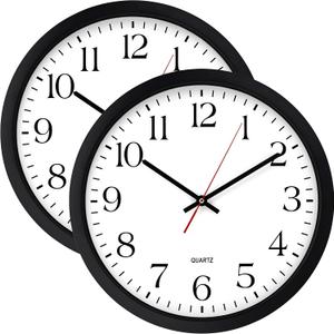 Bernhard Products Black Wall Clock 2 Pack, Silent Non Ticking - 16 Inch Extra Large Quality Quartz Battery Operated Round Easy to Read Home/Office/Business/Kitchen/Classroom/School Clocks