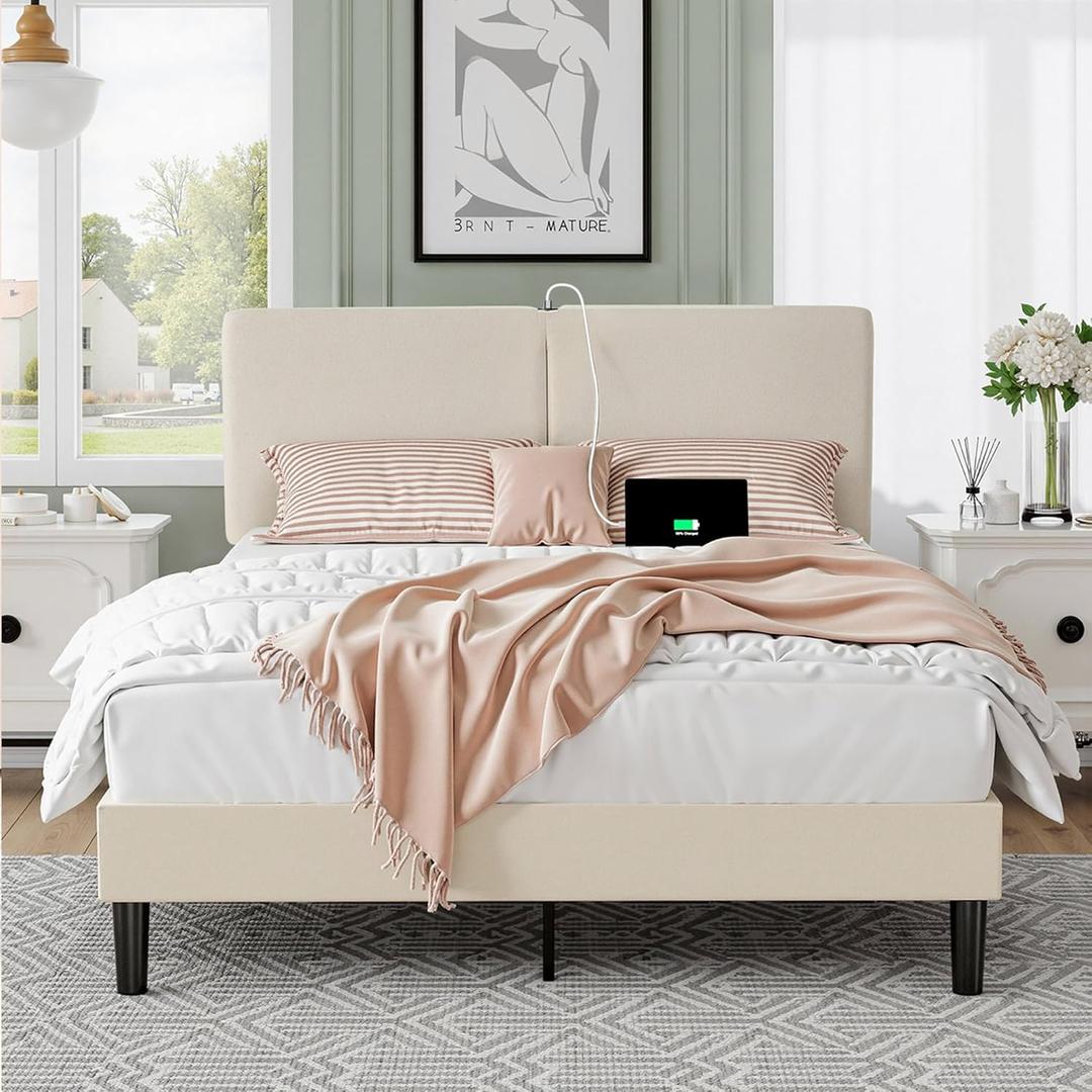 VECELO Queen Bed Frame with Type-C & USB Ports, Upholstered Platform Height-Adjustable Cotton and Linen Headboard, No Box Spring Needed, Noise-Free, Easy Assembly, Beige