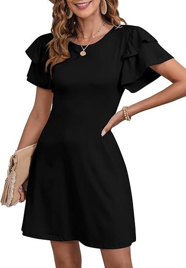 Dokotoo Women 2025 Summer Ruffle Edge Sleeve Dresses Floral Casual Beach Mini Dress with Pocket, Small, Black