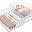 STORi SimpleSort 3-Piece Stackable Clear Drawer Organizer Set | 9" x 6" x 2" Rectangle Trays | Wide Makeup Vanity Storage Bins and Office Desk Drawer Dividers | Made in USA