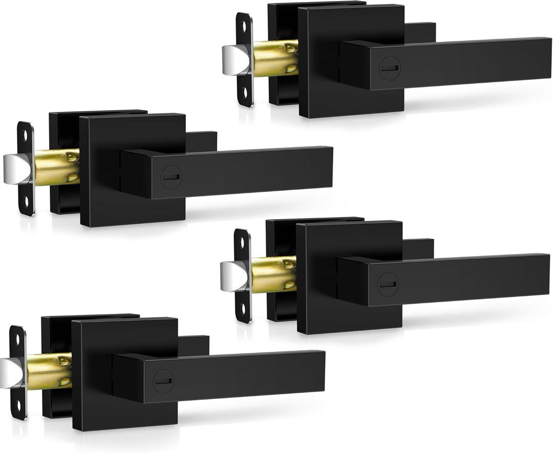 Plustool 4 Pack Matte Black Door Handles, Keyless Interior Door Knobs, Privacy Door Lever Locksets for Bedroom Bathroom, Heavy Duty Square Door Lock, Reversible for Left&Right Handled Doors