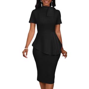 Women's Fashion Peplum Bodycon Short Sleeve Work Dresses Bow Club Ruffle Pencil Formal Cocktail Dress (Large, Black)