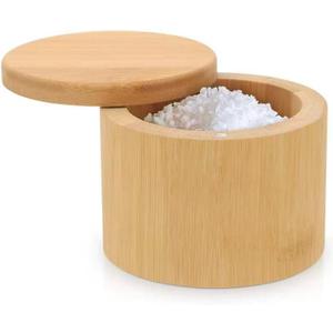 Salt Cellar, Bamboo Salt Container with Lid, Solid Salt Box Holder with 360 Swivel Lid for Countertop to Store Pepper Spice, Elegant Flaky Salt Containers Bowl on Your Kitchen, 6OZ