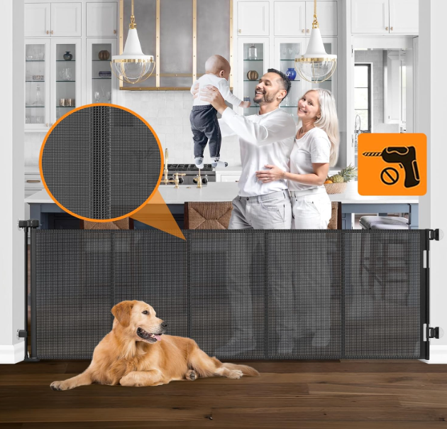 Reinforced No Drilling 100" Wide Retractable Baby Gates Extra Wide Dog Gate with Support Bars Mesh Baby Gate No Drill Retractable Pet Gates for Doorways No Drilling Retractable Dog Gates for The House, Black