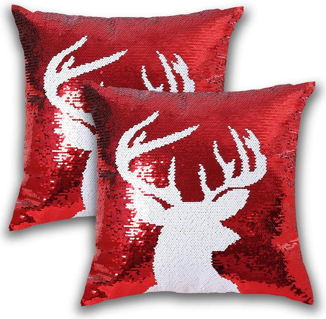 Coeufuedy Reversible Sequins Pillow Case 18 x 18 Inch Christmas Sequin Pillow Covers Magic Red Mermaid Square Throw Decorative Pillowcase 2pcs (Red-Deer)