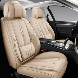 NS YOLO Universal Fit Full Coverage Leather Car Seat Covers for Cars, SUVs and Pick-up Trucks, Car Seat Protector, Automotive Seat Covers Full Set, Car Seat Cushion, Beige Seat Cover for 5 Seats