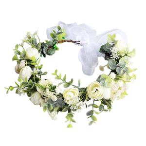 Women Floral Crown Bridal Flower Headband Hair Wreath Floral Headpiece Halo Boho with Ribbon Party Prom Wedding Photos White