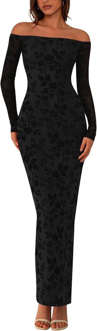 PRETTYGARDEN Womens Fashion Off Shoulder Floral Maxi Bodycon Dress Spring Long Sleeve Mesh Long Formal Wedding Guest Dresses
(Black, Medium)