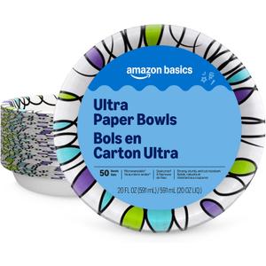Amazon Basics Ultra Disposable Paper Bowls, 20 oz, Microwave Safe, Soak Proof, Strong & Sturdy, White, 50 Count, Packaging May Vary