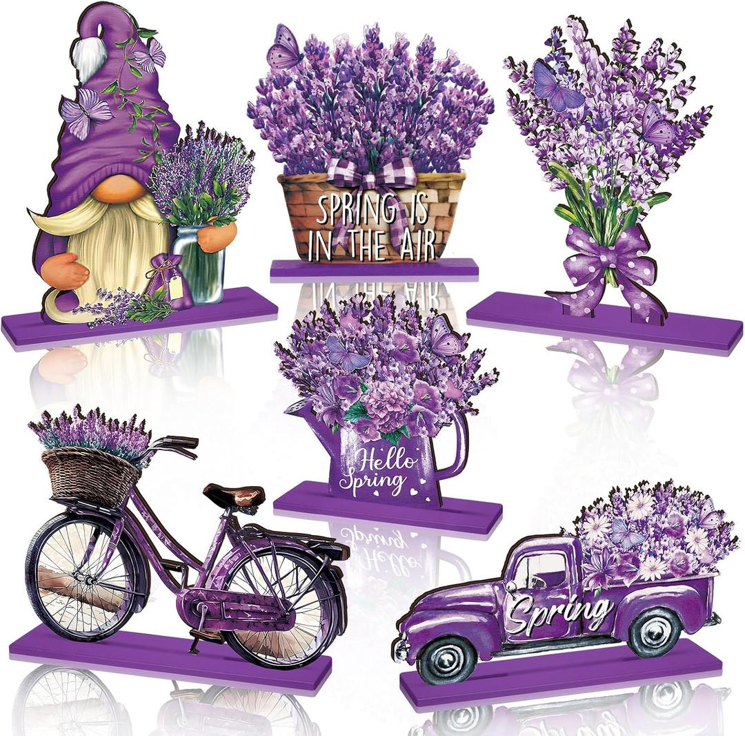 Bememo 6 Pcs Spring Table Decorations Wooden Lavender Tiered Tray Decor Rustic Purple Block Sign Table Centerpieces Farmhouse Freestanding Tabletop for Home Restaurant Kitchen Shelves Party Decor