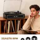 Retro Bluetooth Record Player with Built-in Speakers, 3-Speed Belt-Drive Turntable, Bass & Treble Control, Compact Vinyl Player with Transparent Dust Cover, RCA Output, AUX-in, Headphone Jack, Black
