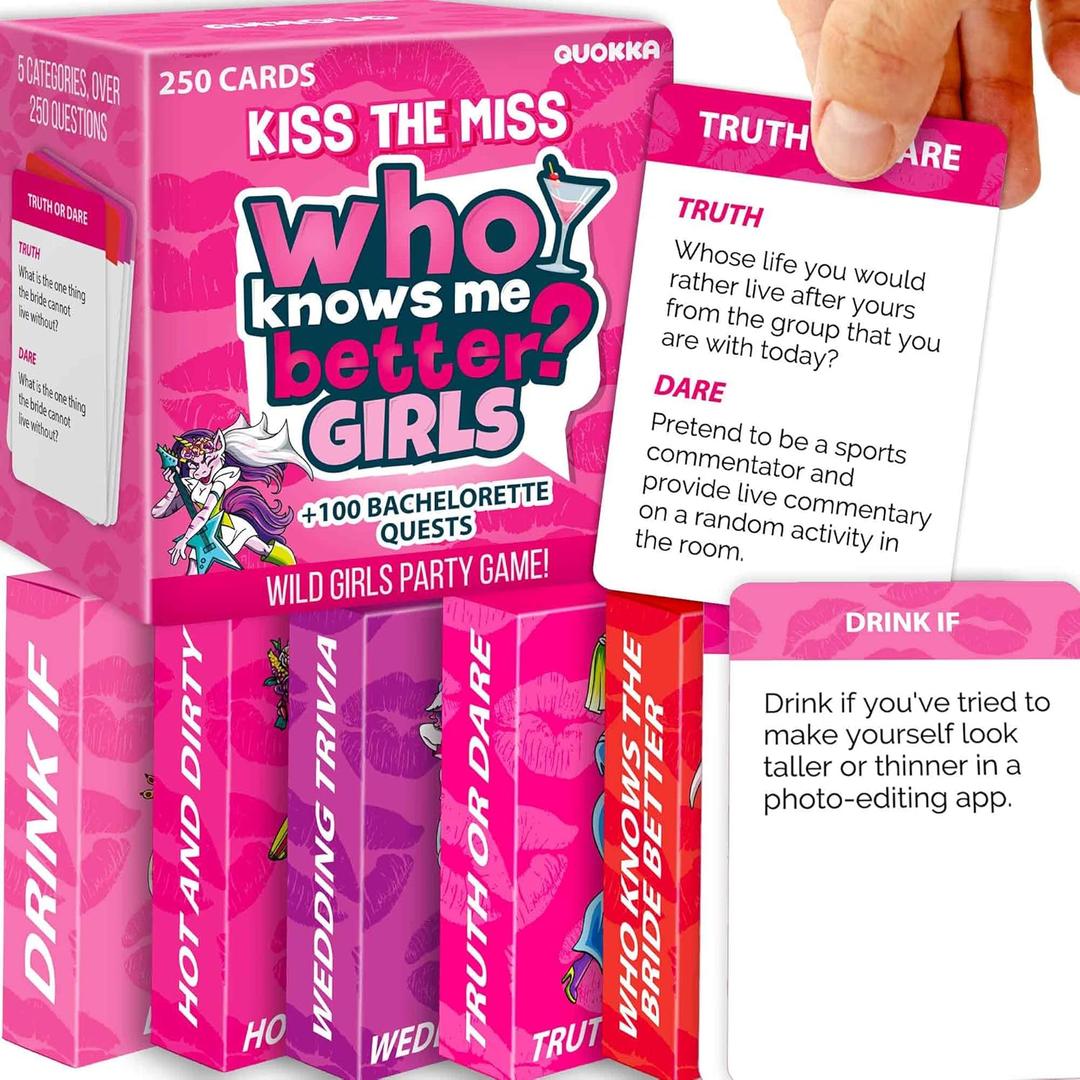 QUOKKA Bachelorette Party Games - 250 Cards Bachlorette Gifts for Bride 5 Categories 21+ Party Accessories