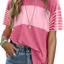 Dokotoo Summer Tops Trendy Oversized 2026 Crewneck Casual Color Block Striped Womens Shirts Blouses (Pink, XXL)
