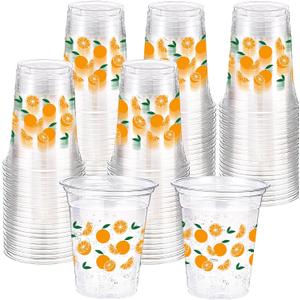Funnymoom 60 Pcs Little Cutie Disposable Plastic Cups 16 oz Orange Floral Pattern Cold Beverage Drinking Cup Bulk Fruit Theme Cup for Baby Shower Wedding Birthday Holiday Party Supplies