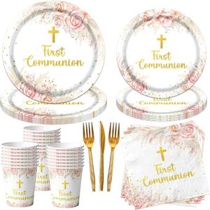 First Communion Decorations, 150Pcs Gold Cross First Communion Plates and Napkins, God Bless Baptism Birthday Supplies Paper Tableware for Christening Celebration Baby Shower Party, Serves 25